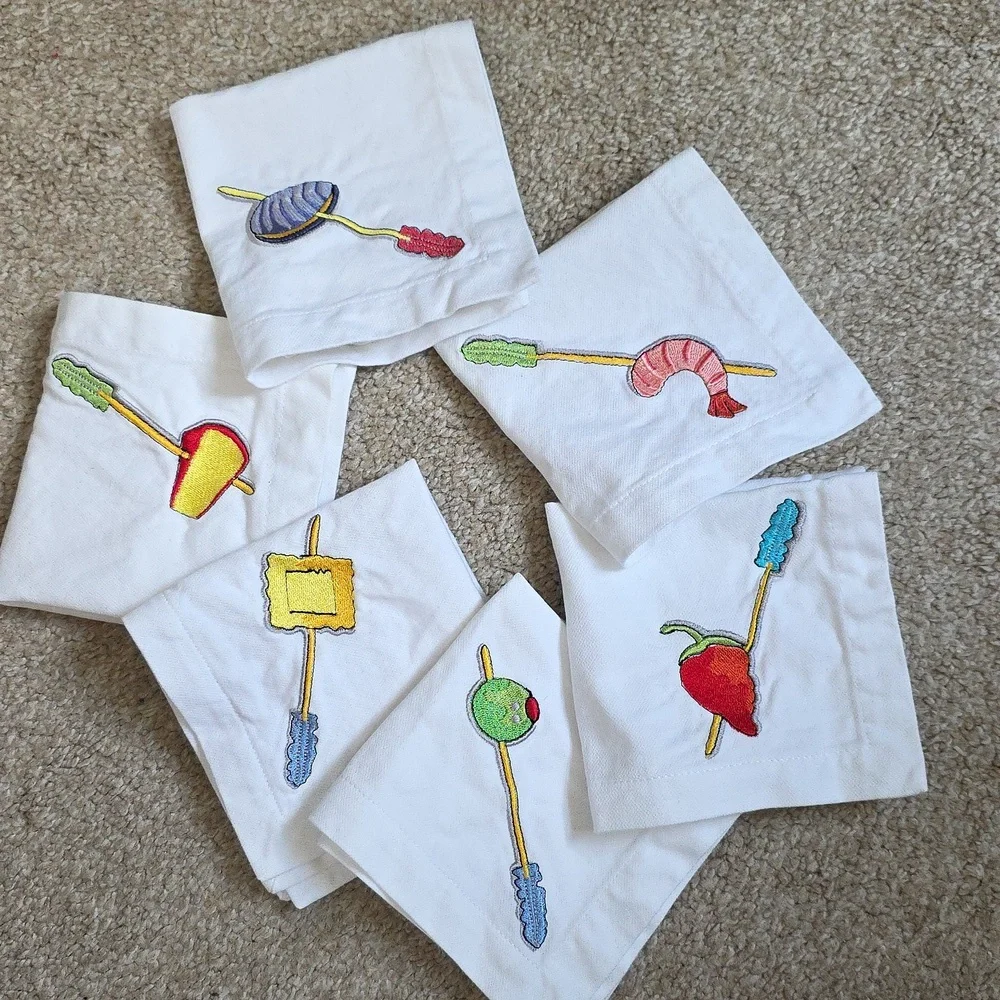 Crate & Barrel Cocktail Napkins Set, White with Embroidery, Set Of 6.
